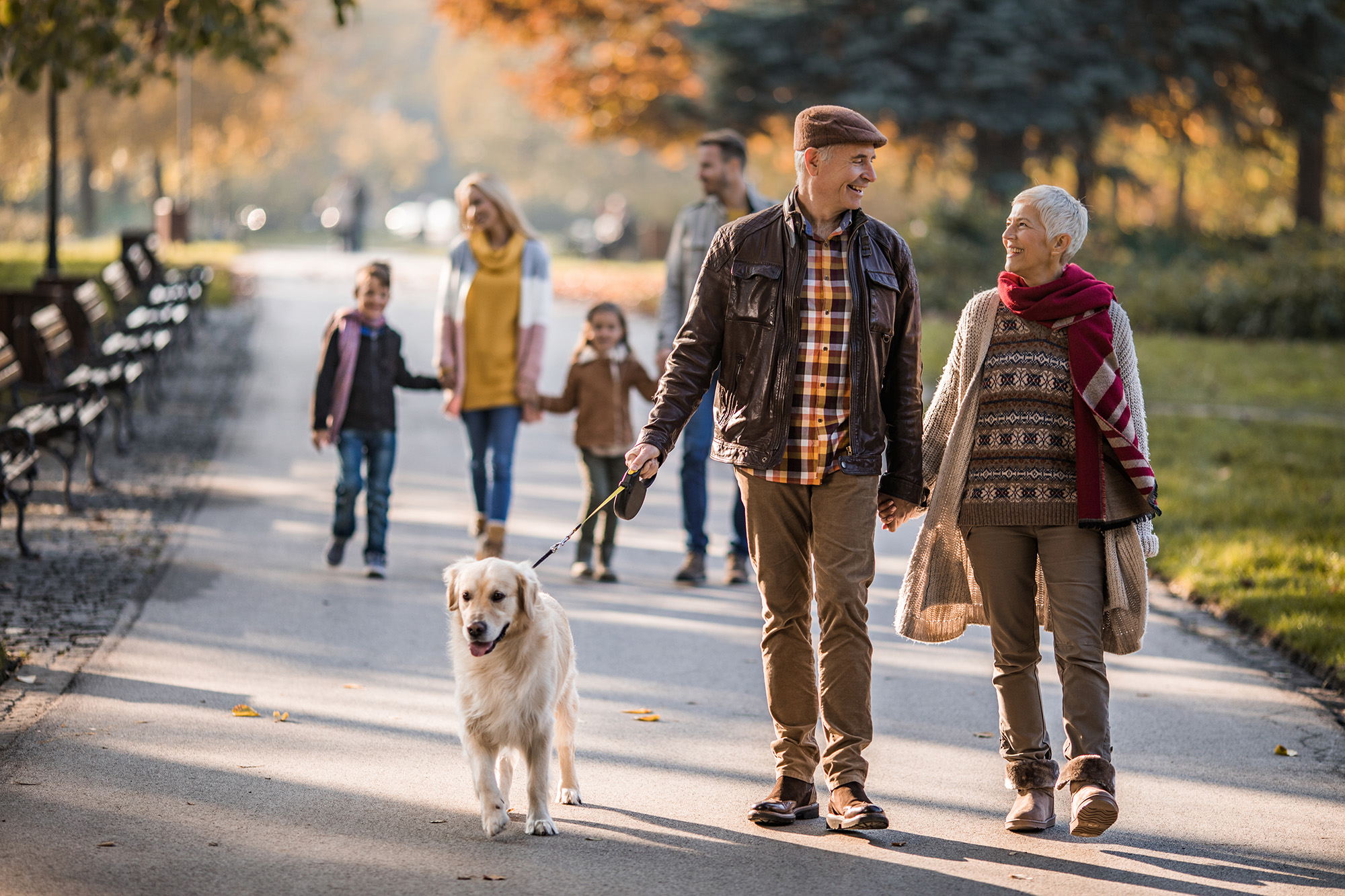 a couple enjoying retirement together walking their dog through the park